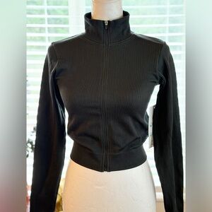 Charcoal Gray Crop Ribbed Zip-Up Jacket